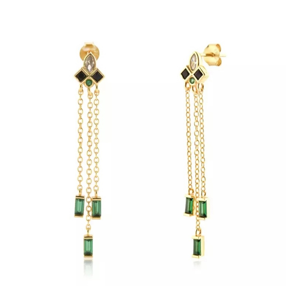 GOLD PLATED STERLING SILVER ART DECO MID CENTURY MODERN EMERALD ONYX DANGLE